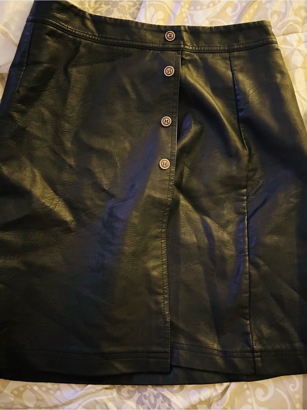 Classic Black Faux Leather Button-Front Skirt